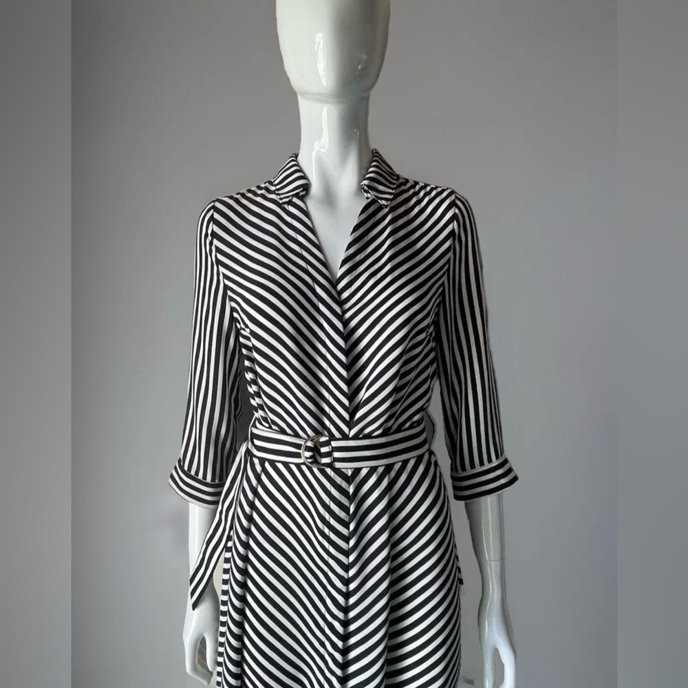 H&M Women’s Black & White Striped, Button-up, Wrap Dress with belt, Size 6